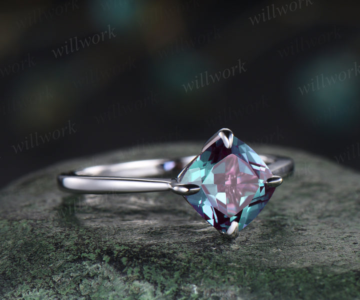 Unique 7mm cushion alexandrite engagement ring color changing gem June birthstone ring solitaire anniversary ring personalized gifts for women