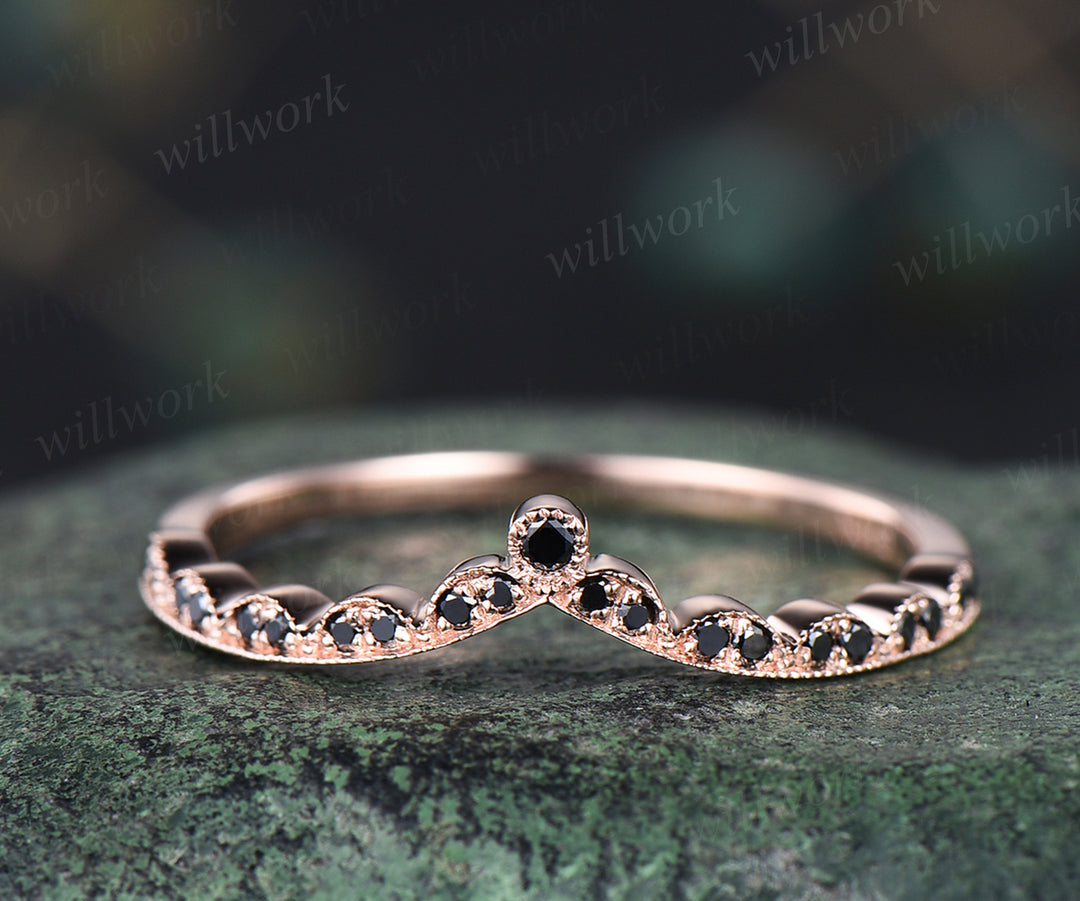 Vintage black diamond wedding band milgrain art deco black diamonds curved wedding ring band dainty stacking ring for women jewelery gifts