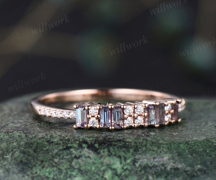 Dainty baguette Alexandrite wedding band minimalist moissanite diamond half eternity wedding band 14k rose gold Alexandrite ring for women