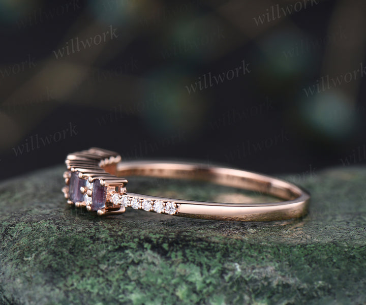 Dainty baguette Alexandrite wedding band minimalist moissanite diamond half eternity wedding band 14k rose gold Alexandrite ring for women