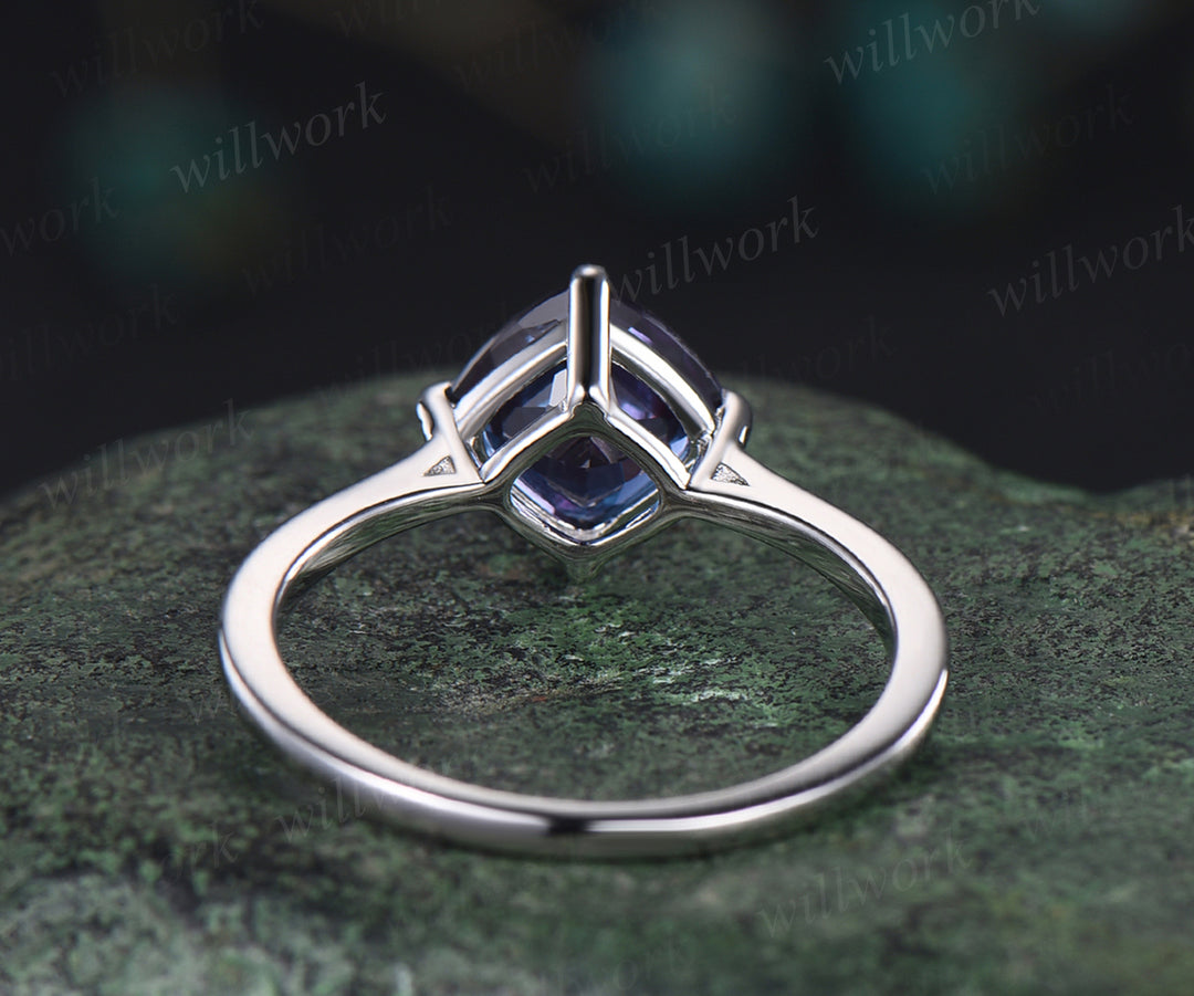 Unique 7mm cushion alexandrite engagement ring color changing gem June birthstone ring solitaire anniversary ring personalized gifts for women