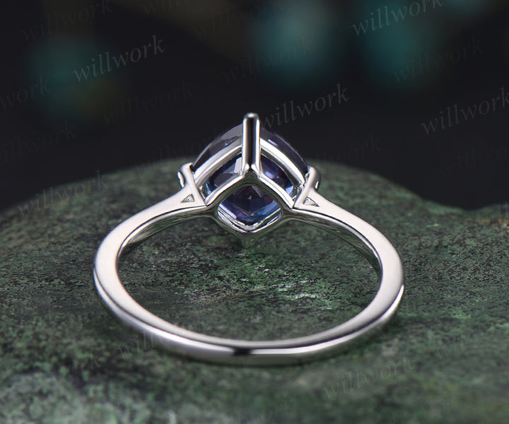 Unique 7mm cushion alexandrite engagement ring color changing gem June birthstone ring solitaire anniversary ring personalized gifts for women