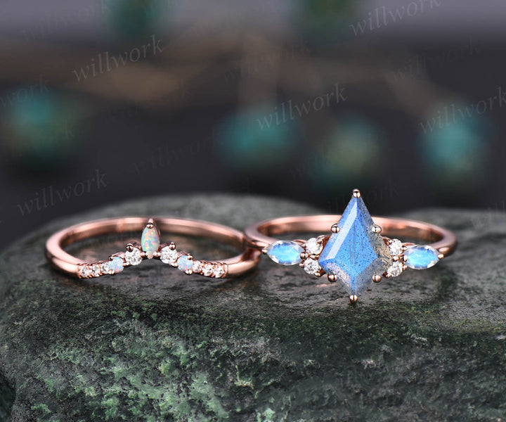 Kite cut blue Labradorite engagement ring marqiuse moonstone moissanite ring art deco opal wedding band bridal ring set for women promise anniversary ring