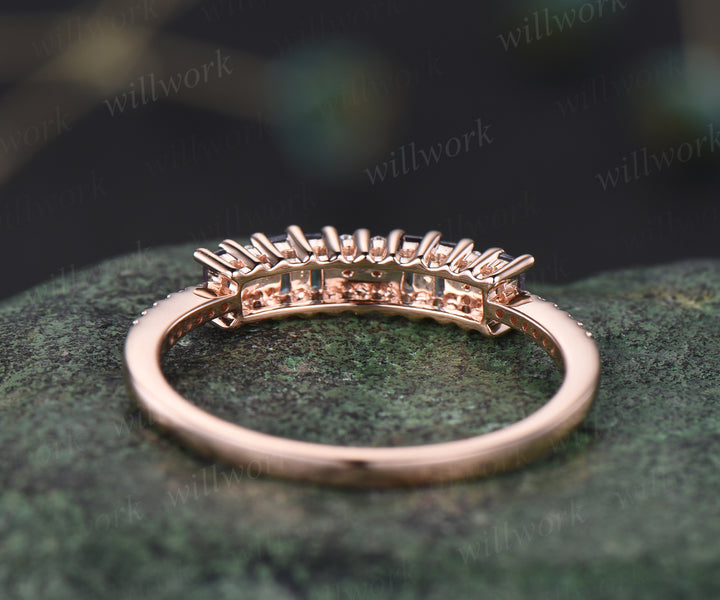 Dainty baguette Alexandrite wedding band minimalist moissanite diamond half eternity wedding band 14k rose gold Alexandrite ring for women