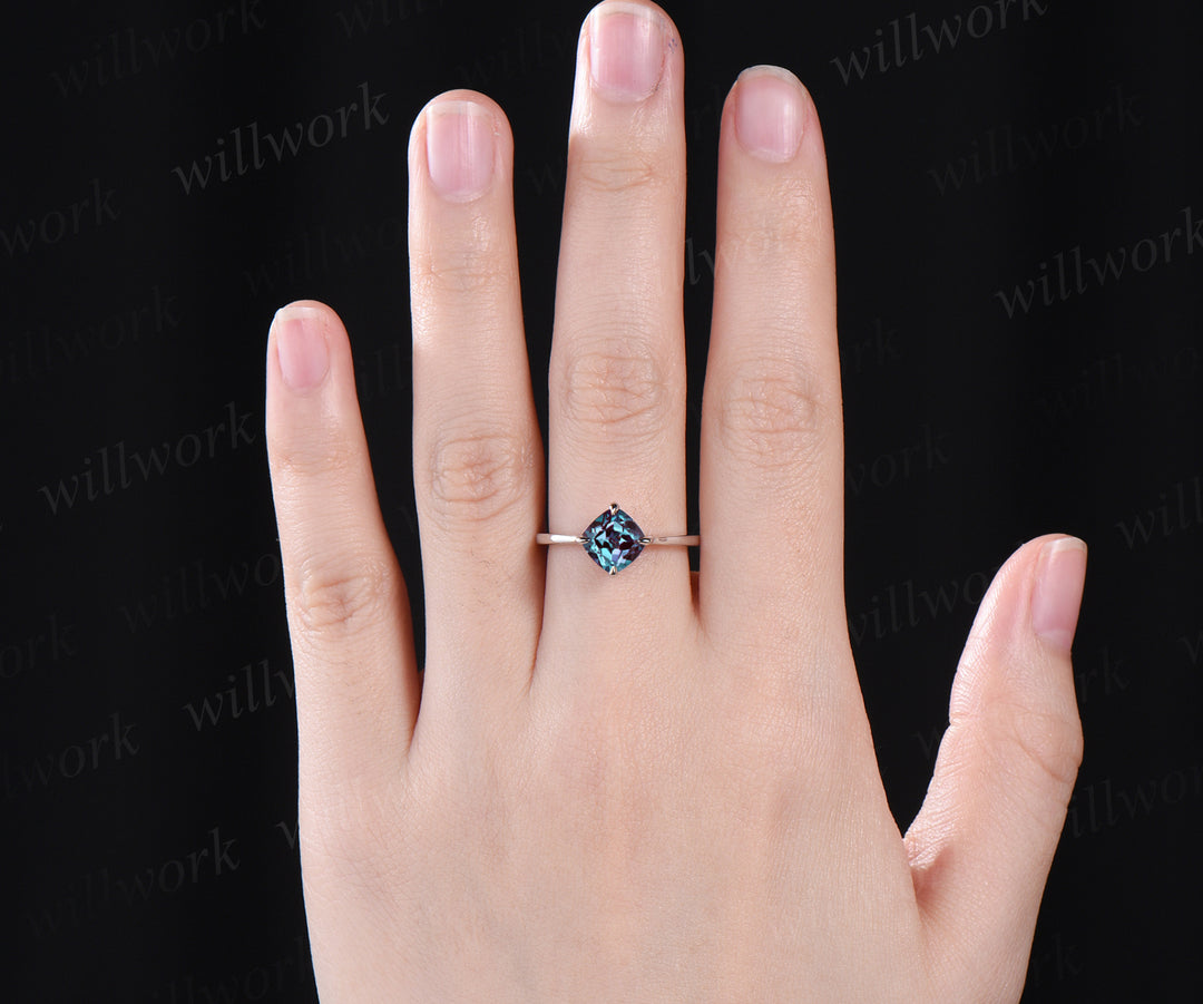 Unique 7mm cushion alexandrite engagement ring color changing gem June birthstone ring solitaire anniversary ring personalized gifts for women