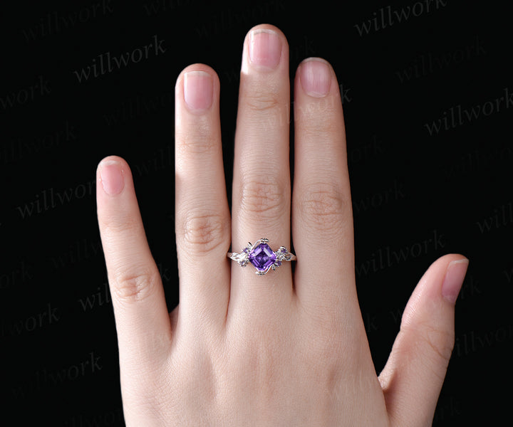 Asscher  cut amethyst engagement ring vintage purple gemstone promise ring nature inspired leaf wedding ring February birthstone jewelry for women