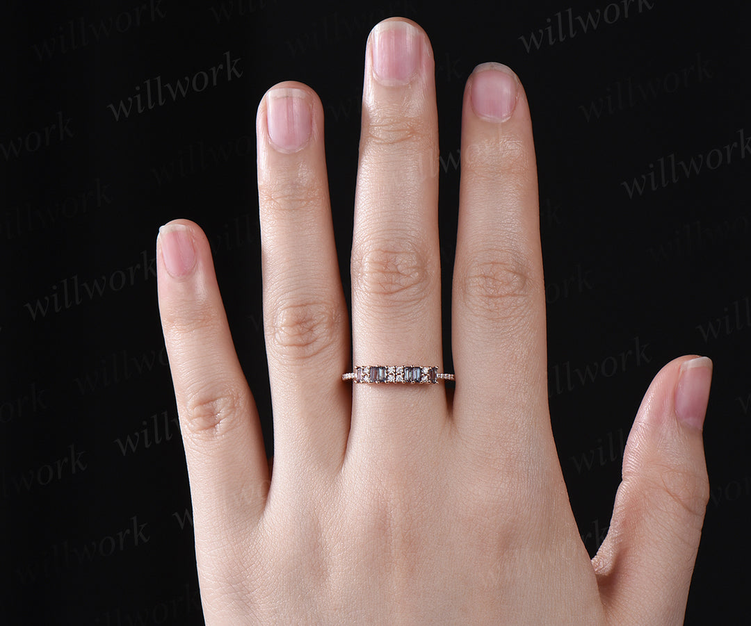 Dainty baguette Alexandrite wedding band minimalist moissanite diamond half eternity wedding band 14k rose gold Alexandrite ring for women