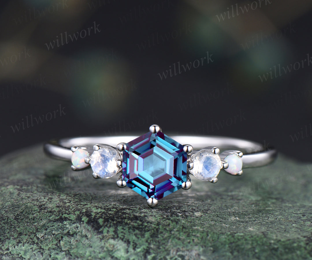Hexagon alexandrite ring unique color change gemstone engagement ring art deco moonstone ring June birthstone ring promise ring for women