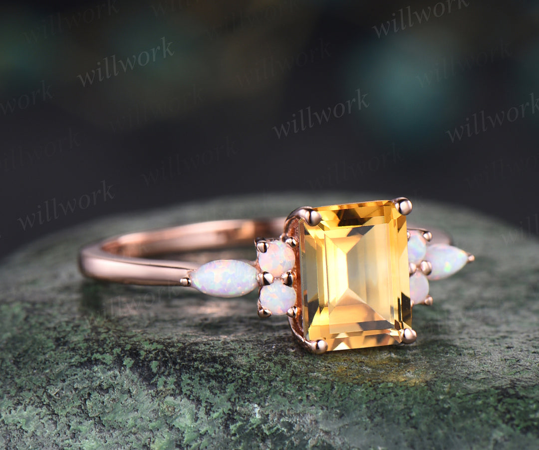 Natural citrine engagement ring unique emerald cut yellow cirrine ring November birthstone art deco opal ring for women jewelry gifts