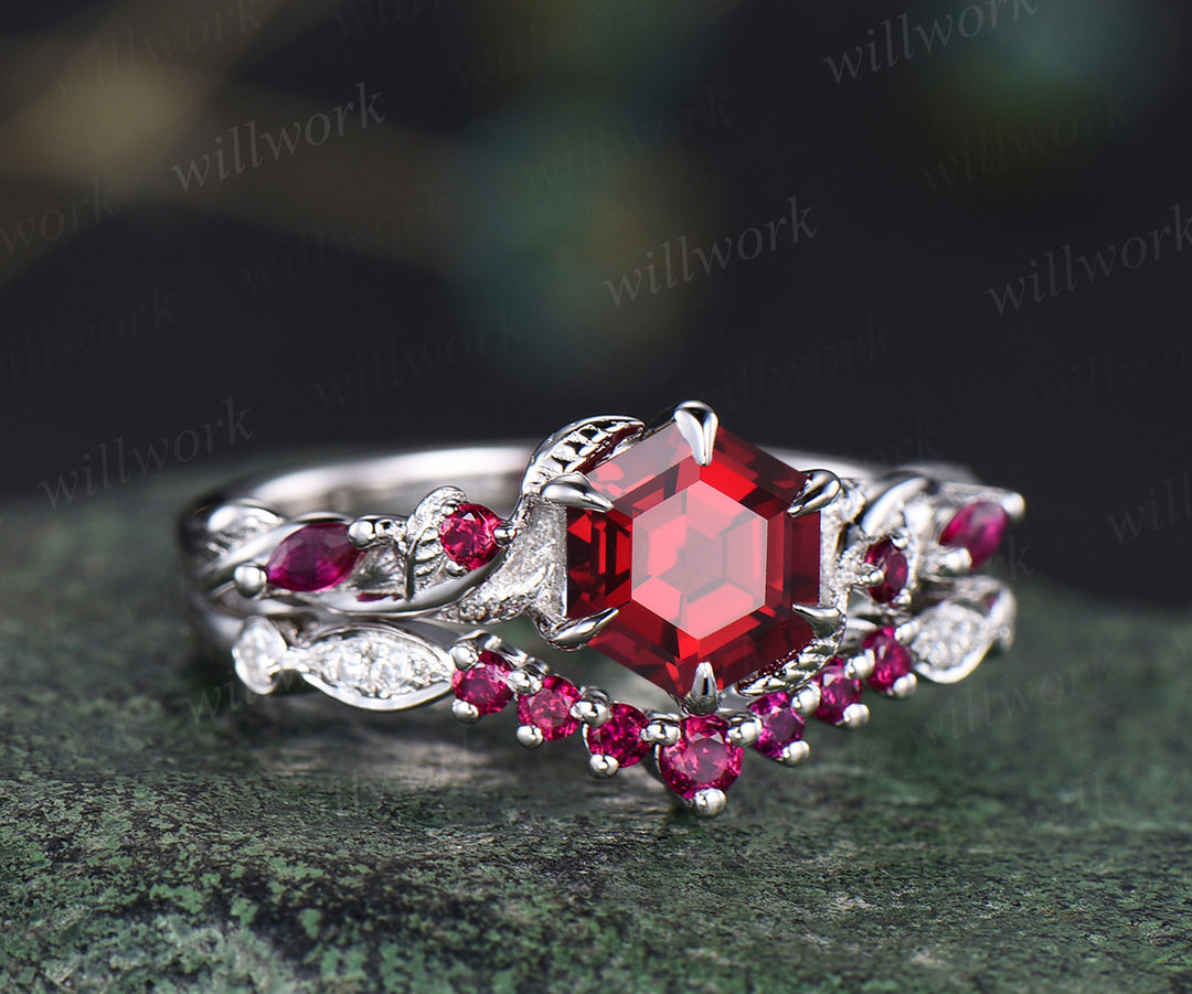 Unique ruby engagement ring set hexagon ruby leaf ring set vintage art deco moissanite wedding band 14k white gold ring for women