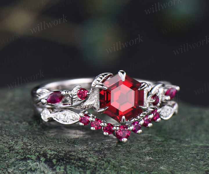 Unique ruby engagement ring set hexagon ruby leaf ring set vintage art deco moissanite wedding band 14k white gold ring for women