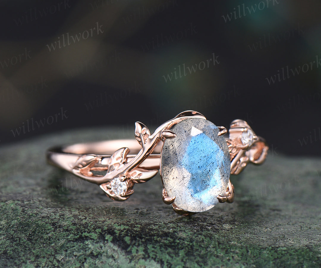 Oval cut blue labradorite engagement ring art deco moissanite leaf twig ring solid 14k rose gold alternative moonstone ring jewelry gifts