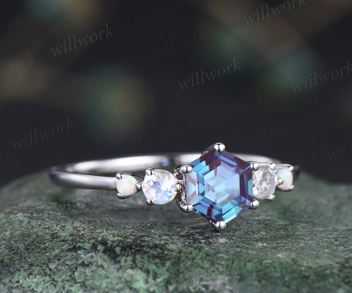 Hexagon alexandrite ring unique color change gemstone engagement ring art deco moonstone ring June birthstone ring promise ring for women