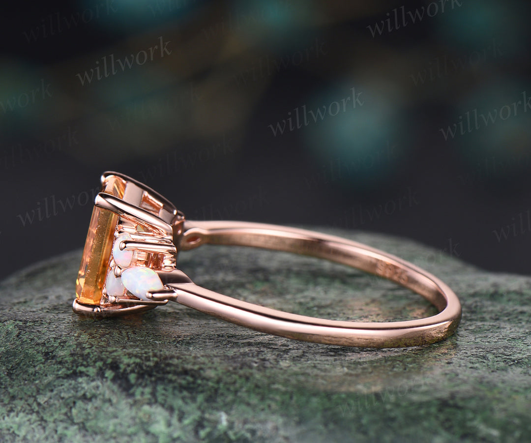 Natural citrine engagement ring unique emerald cut yellow cirrine ring November birthstone art deco opal ring for women jewelry gifts