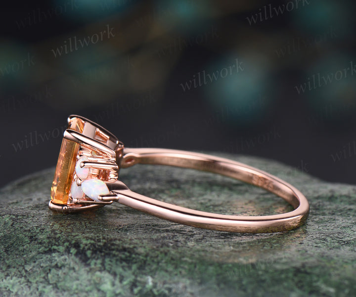 Natural citrine engagement ring unique emerald cut yellow cirrine ring November birthstone art deco opal ring for women jewelry gifts