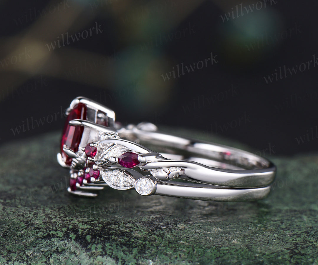 Unique ruby engagement ring set hexagon ruby leaf ring set vintage art deco moissanite wedding band 14k white gold ring for women