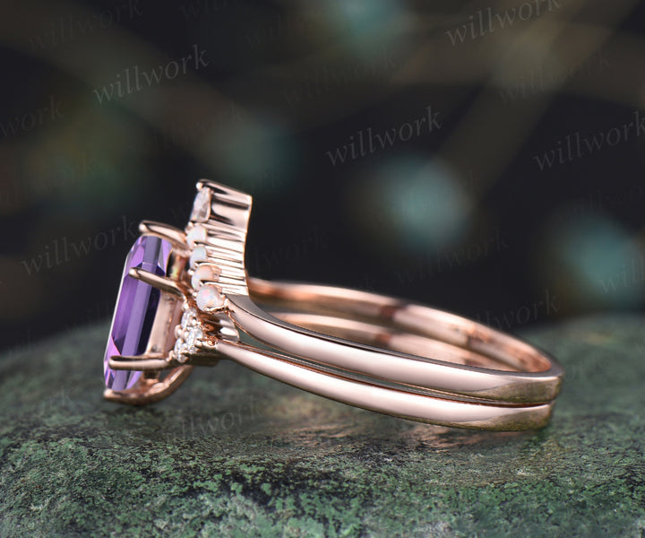 Natural Amethyst engagement ring set unique elongate hexagon amethyst ring art deco curved v wedding band promise ring bridal set handmade jewelry gifts