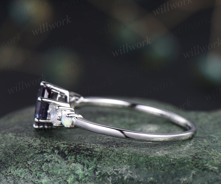 Hexagon alexandrite ring unique color change gemstone engagement ring art deco moonstone ring June birthstone ring promise ring for women