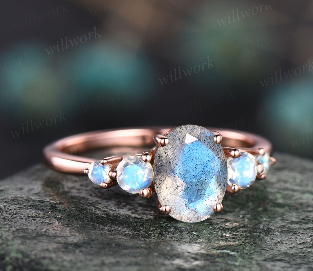 Minimalist oval Labradorite engagement ring five stone moonstone ring 14k rose gold bridal ring unique blue gemstone ring for women