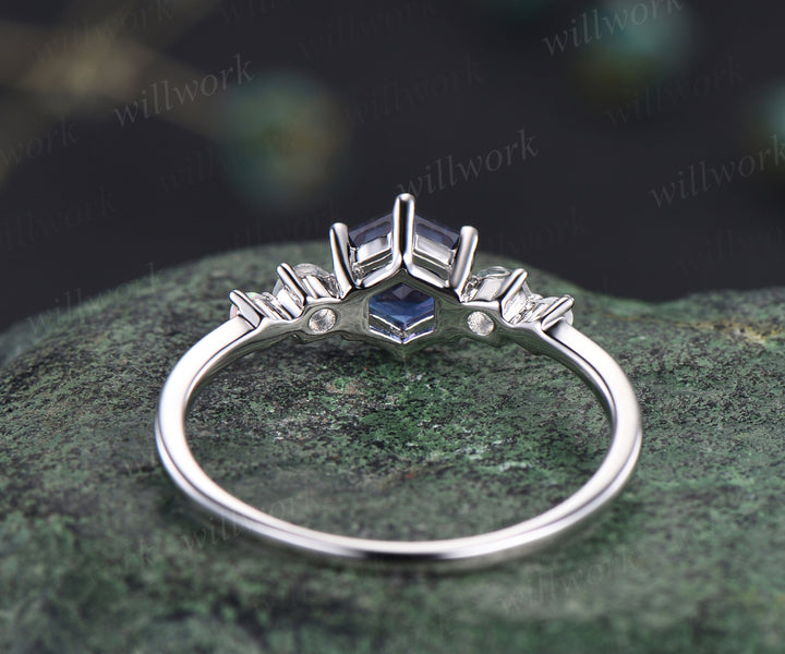 Hexagon alexandrite ring unique color change gemstone engagement ring art deco moonstone ring June birthstone ring promise ring for women