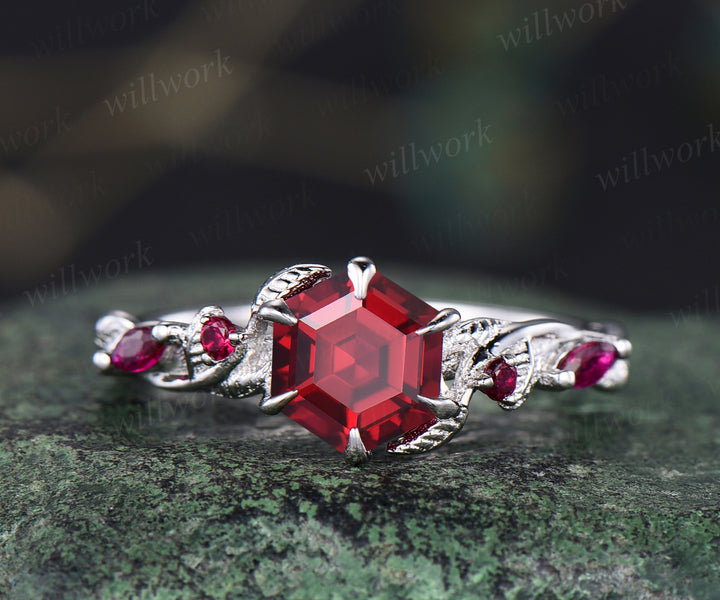 Unique ruby engagement ring set hexagon ruby leaf ring set vintage art deco moissanite wedding band 14k white gold ring for women