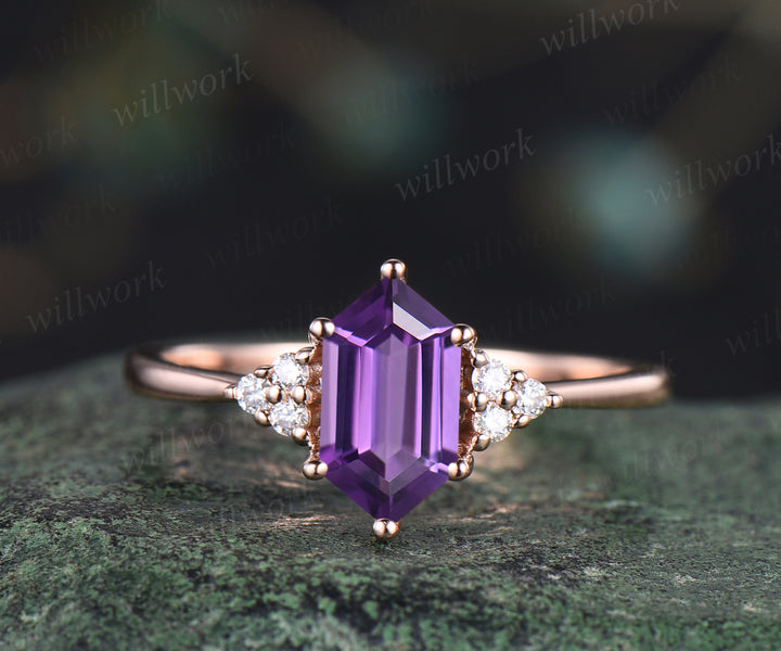 Natural Amethyst engagement ring set unique elongate hexagon amethyst ring art deco curved v wedding band promise ring bridal set handmade jewelry gifts