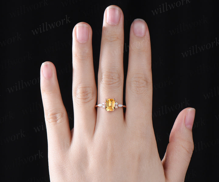 Natural citrine engagement ring unique emerald cut yellow cirrine ring November birthstone art deco opal ring for women jewelry gifts