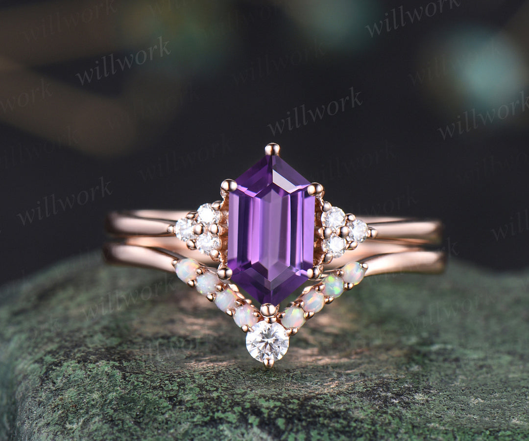 Natural Amethyst engagement ring set unique elongate hexagon amethyst ring art deco curved v wedding band promise ring bridal set handmade jewelry gifts