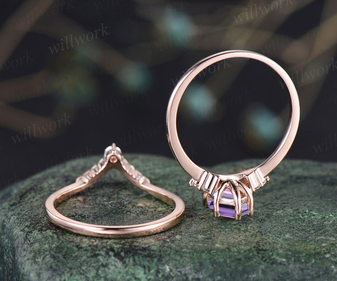 Natural Amethyst engagement ring set unique elongate hexagon amethyst ring art deco curved v wedding band promise ring bridal set handmade jewelry gifts