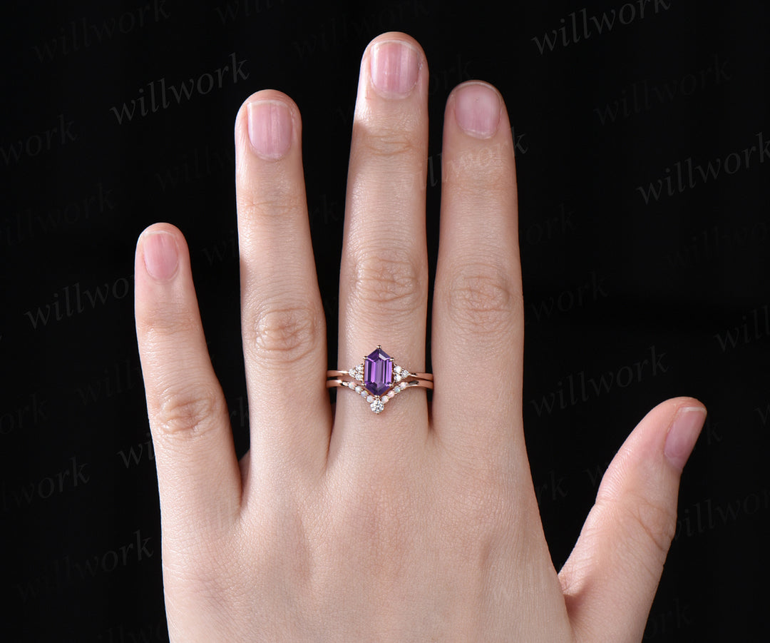 Natural Amethyst engagement ring set unique elongate hexagon amethyst ring art deco curved v wedding band promise ring bridal set handmade jewelry gifts