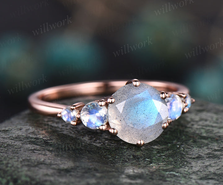 Natural Blue Labradorite engagement ring moonstone minimalist 5 stones ring round Alexandrite engagement ring five stone moonstone ring birthday anniversary wedding ring gifts for women