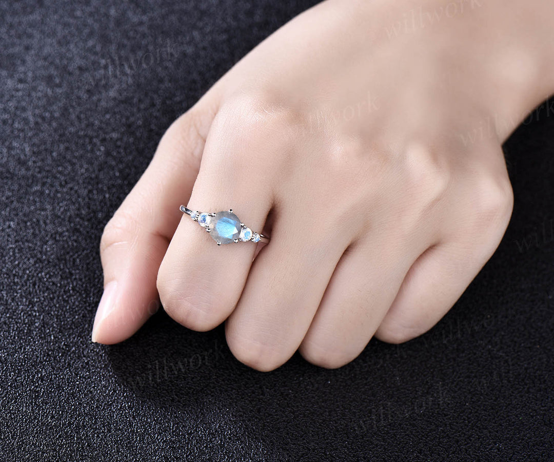 Natural Blue Labradorite engagement ring moonstone minimalist 5 stones ring round Alexandrite engagement ring five stone moonstone ring birthday anniversary wedding ring gifts for women