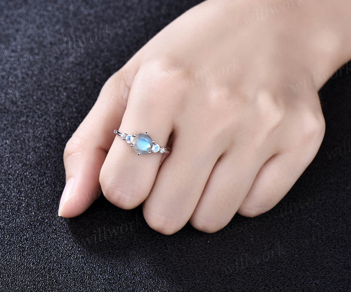 Natural Blue Labradorite engagement ring moonstone minimalist 5 stones ring round Alexandrite engagement ring five stone moonstone ring birthday anniversary wedding ring gifts for women