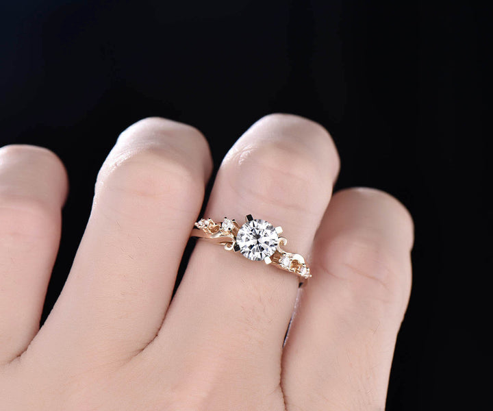 6.5mm round cut moissanite engagement ring solid gold unique art deco diamonds wedding ring promise anniversary gifts