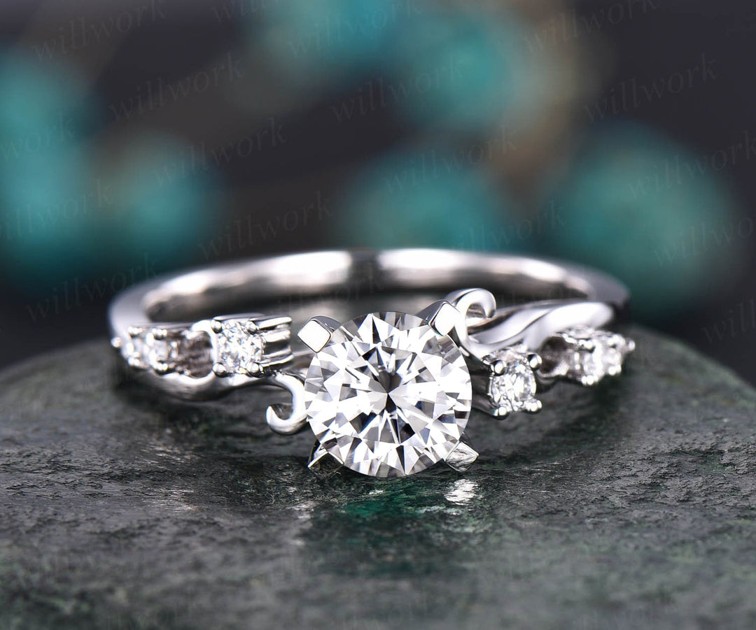6.5mm round cut moissanite engagement ring solid gold unique art deco diamonds wedding ring promise anniversary gifts