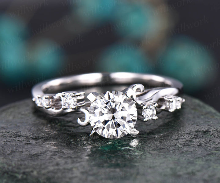 6.5mm round cut moissanite engagement ring solid gold unique art deco diamonds wedding ring promise anniversary gifts