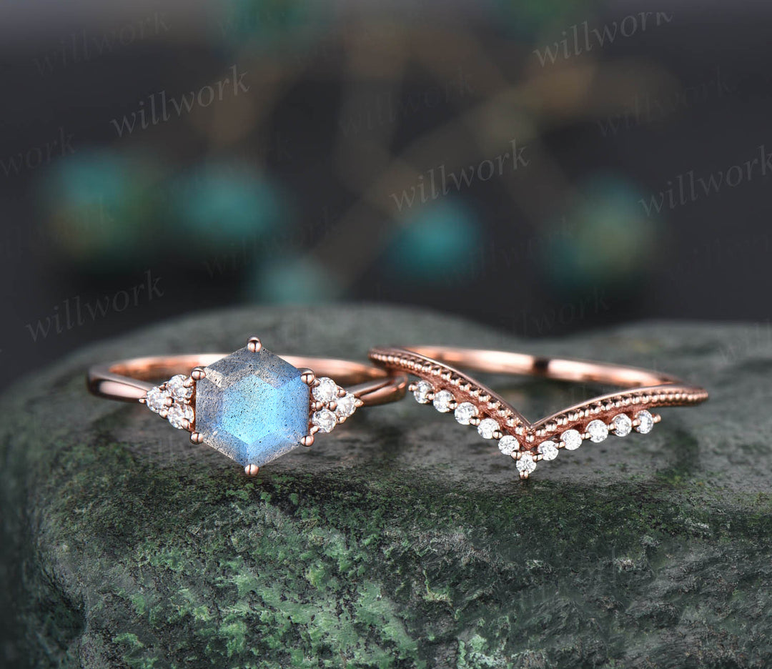 Natural blue labradorite engagement ring set unique hexagon labradorite 7 stones ring art deco milgrain moissanite wedding band bridal set for women