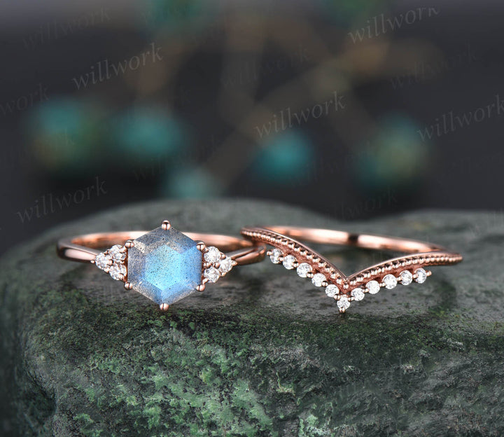 Natural blue labradorite engagement ring set unique hexagon labradorite 7 stones ring art deco milgrain moissanite wedding band bridal set for women