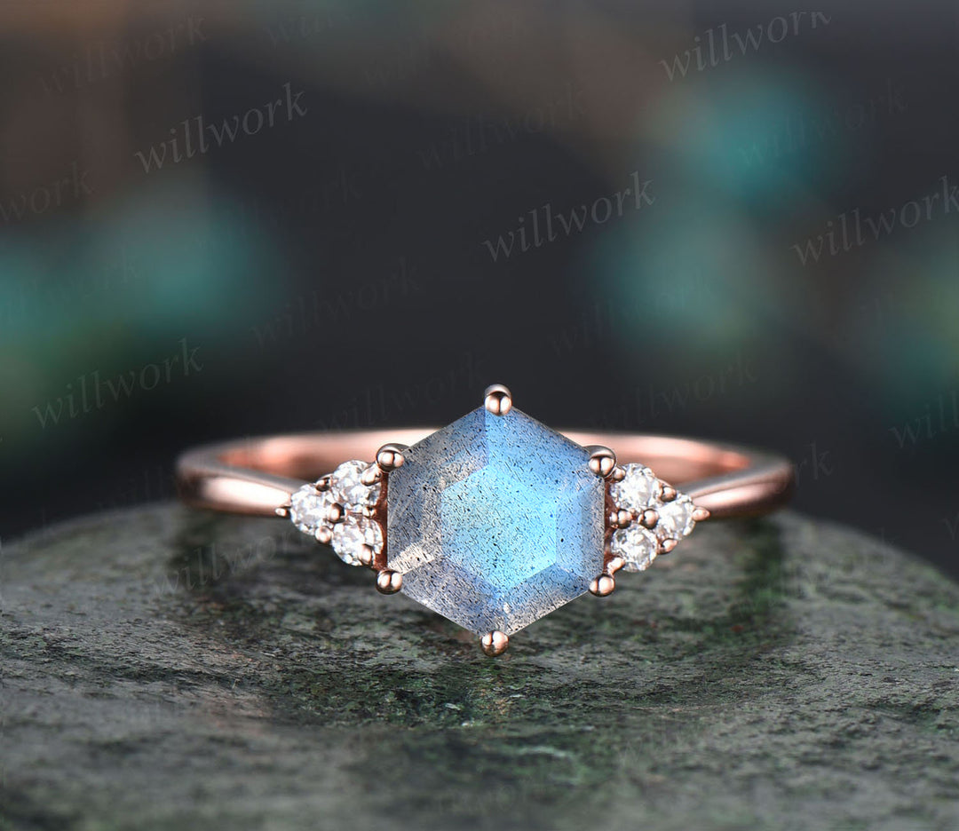 Natural blue labradorite engagement ring set unique hexagon labradorite 7 stones ring art deco milgrain moissanite wedding band bridal set for women