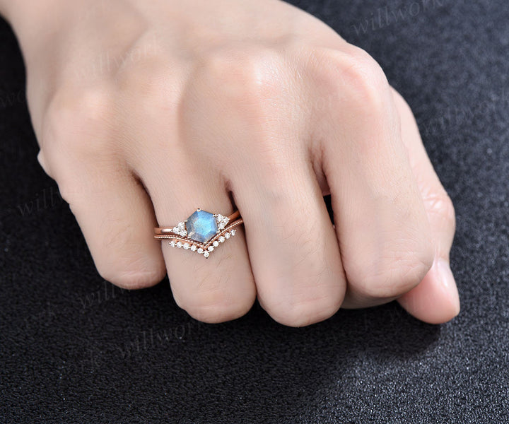 Natural blue labradorite engagement ring set unique hexagon labradorite 7 stones ring art deco milgrain moissanite wedding band bridal set for women