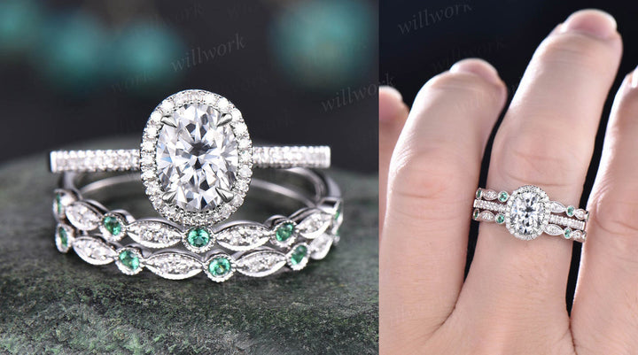 Vintage Oval Cut IGI Lab Grown Diamond Engagement Ring Set Halo Ring Half Eternity Bridal Wedding Set