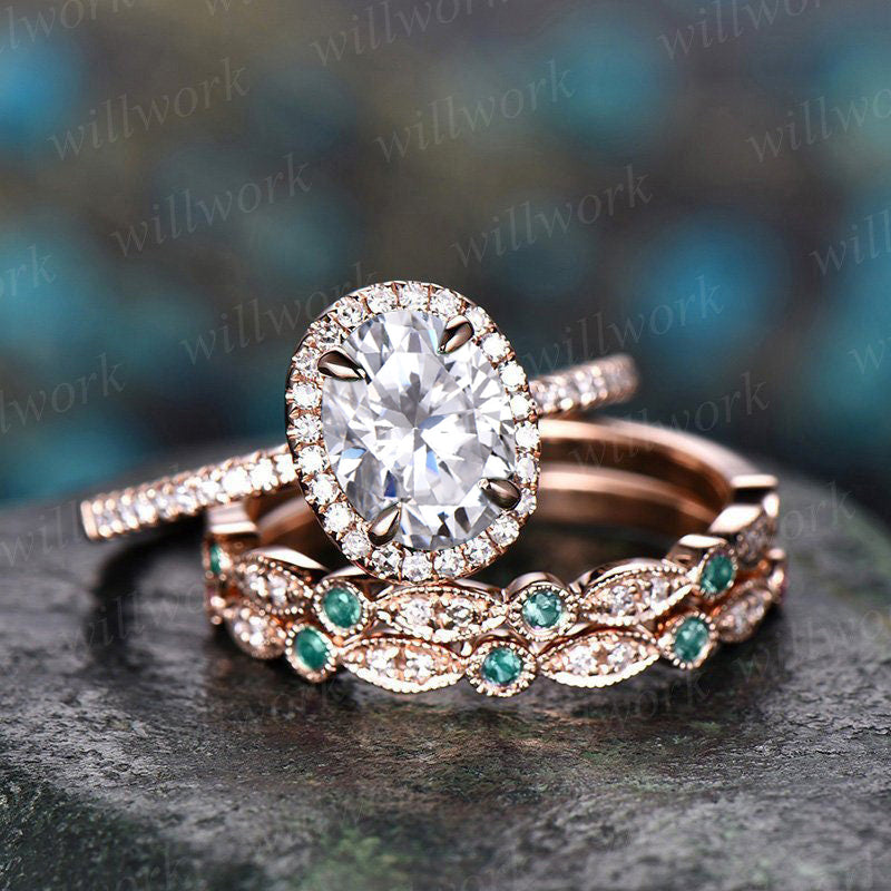 Vintage Oval Cut IGI Lab Grown Diamond Engagement Ring Set Halo Ring Half Eternity Bridal Wedding Set