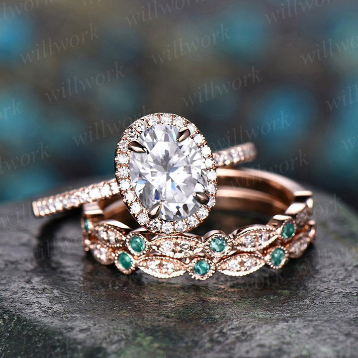 Vintage Oval Cut IGI Lab Grown Diamond Engagement Ring Set Halo Ring Half Eternity Bridal Wedding Set