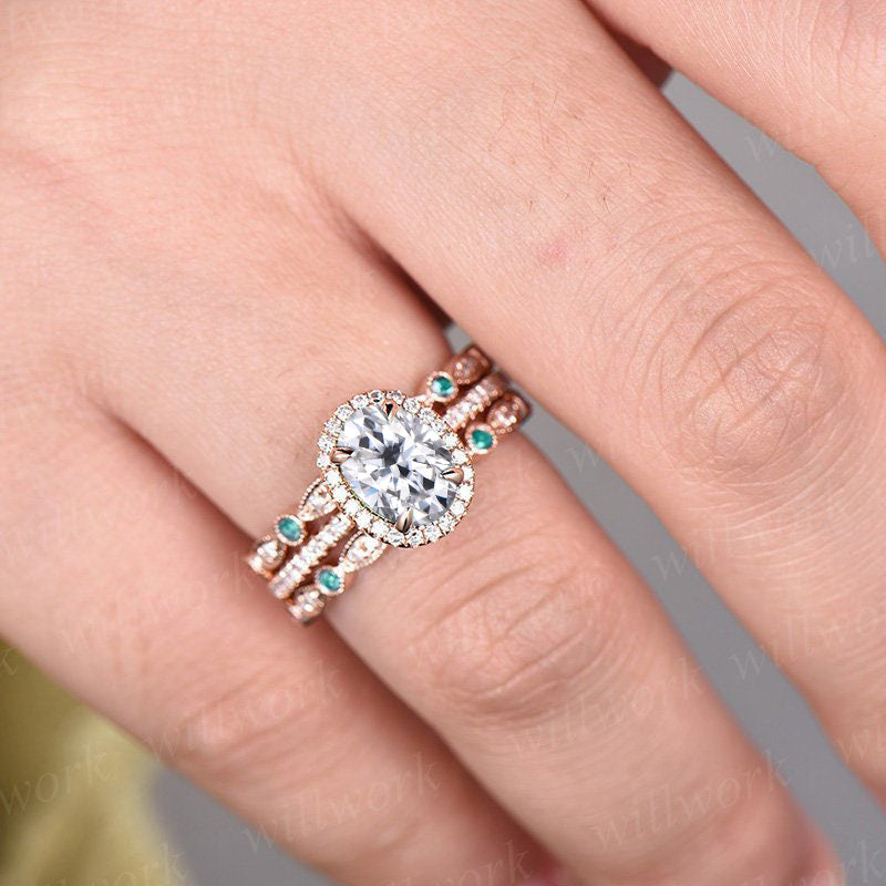 Vintage Oval Cut IGI Lab Grown Diamond Engagement Ring Set Halo Ring Half Eternity Bridal Wedding Set