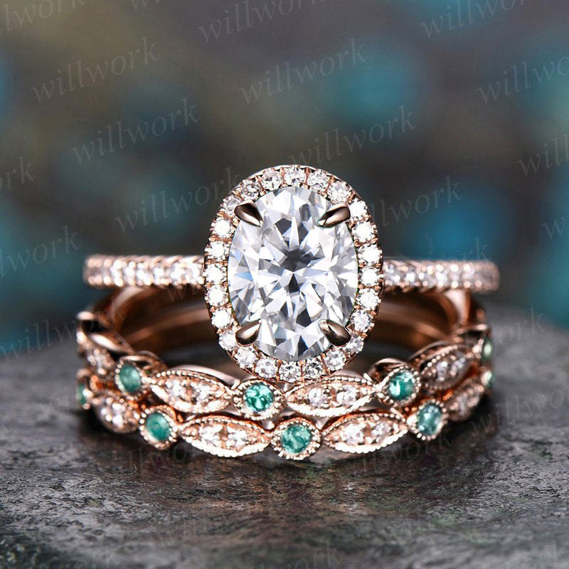 Vintage Oval Cut IGI Lab Grown Diamond Engagement Ring Set Halo Ring Half Eternity Bridal Wedding Set