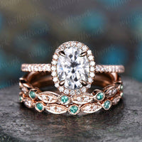 Vintage Oval Cut IGI Lab Grown Diamond Engagement Ring Set Halo Ring Half Eternity Bridal Wedding Set