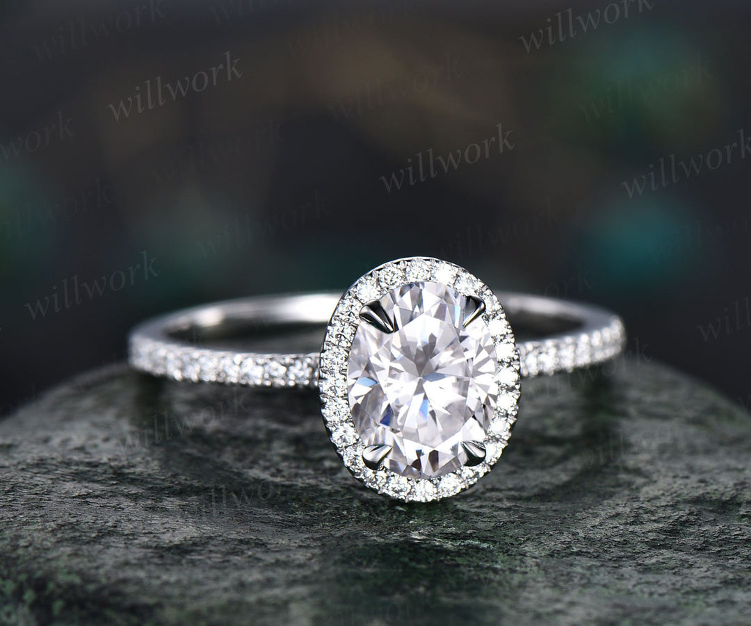 Vintage Oval Cut IGI Lab Grown Diamond Engagement Ring Set Halo Ring Half Eternity Bridal Wedding Set