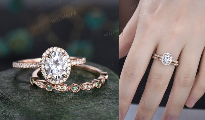 Vintage Oval Cut IGI Lab Grown Diamond Engagement Ring Set Halo Ring Half Eternity Bridal Wedding Set