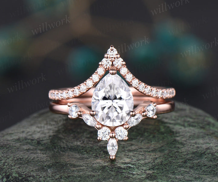 Teardrop moissanite engagement ring set curved V shape band wedding band vintage art deco crown bridal set 14k rose gold promise ring anniversary gifts