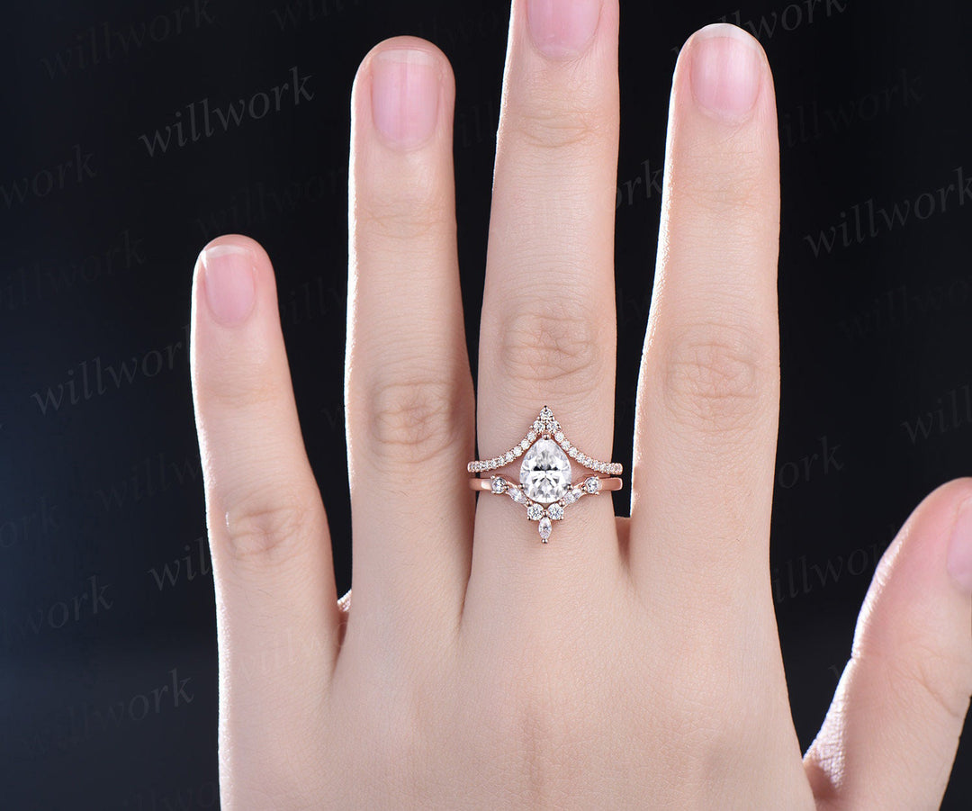 Teardrop moissanite engagement ring set curved V shape band wedding band vintage art deco crown bridal set 14k rose gold promise ring anniversary gifts